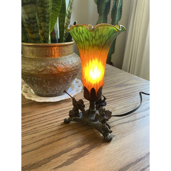 Antique Cast Iron & Satin Glass Victorian Cherub Lamp Vintage Mood Lamp